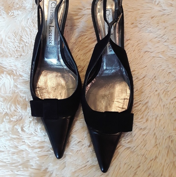 Christian Lacroix Black Leather Heel Slingbacks - Picture 1 of 5